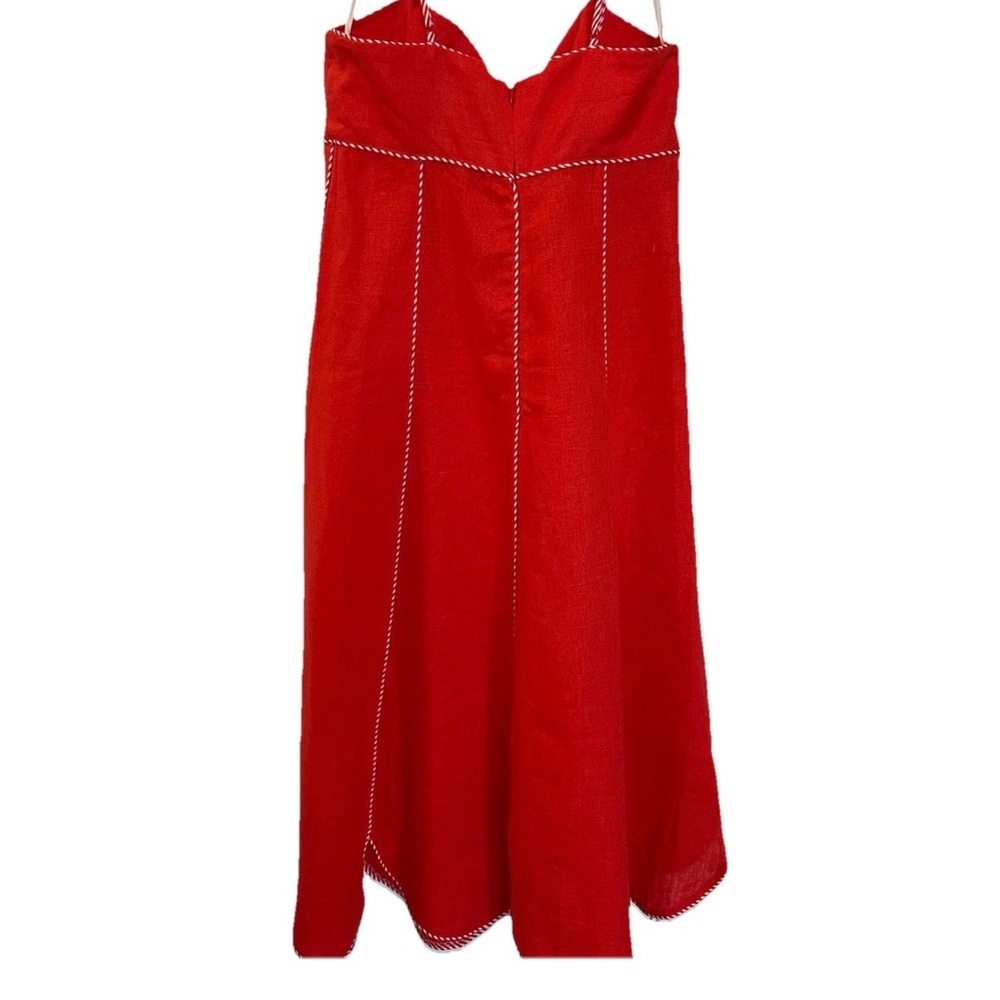Farm Rio Red Front Bow Scalloped Hem Linen Midi Dress-M-Sweetheart A-Line Resort - Picture 3 of 13